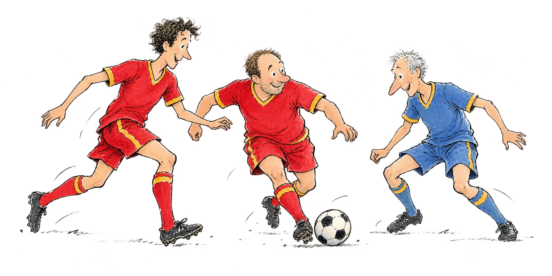 Drei ältere Herren beim Fußball, einer mit Kapitänsbinde