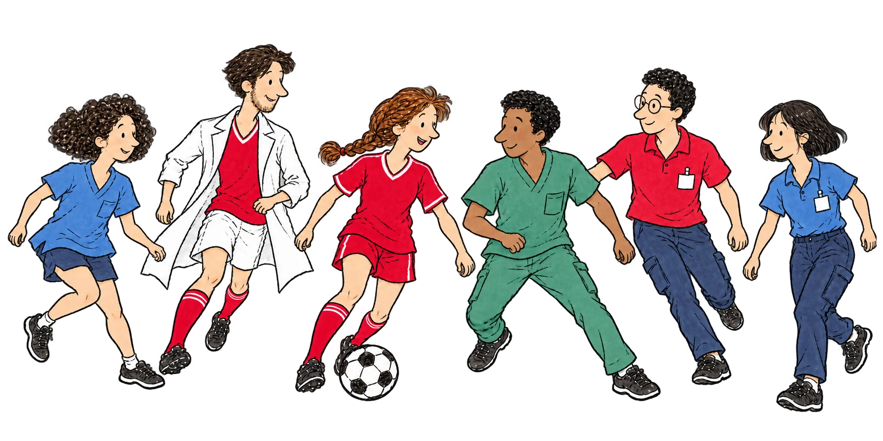 Klinikpersonal in Kittel und Kasack spielt Fußball