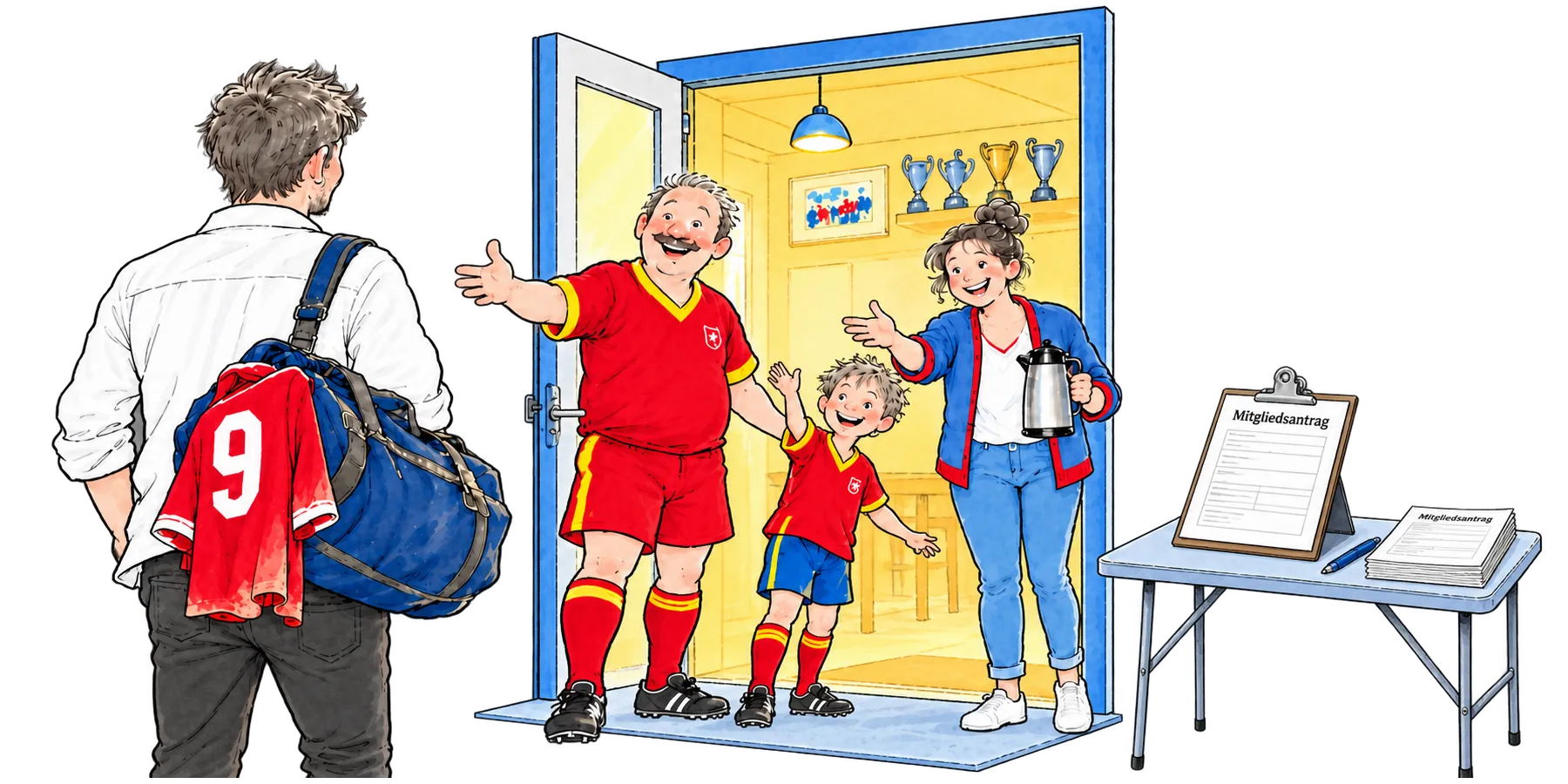 Ein Mann mit alter Sporttasche und dem Trikot mit der Nummer 9 kommt zum Vereinsheim zurück. An der offenen Tür winken ihn ein Spieler, ein Kind und eine Frau mit Kaffeekanne herein, daneben liegt der Mitgliedsantrag auf einem Tisch.